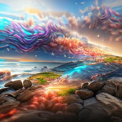 Ocean Sunset Landscape in Cosmic Holographic Style