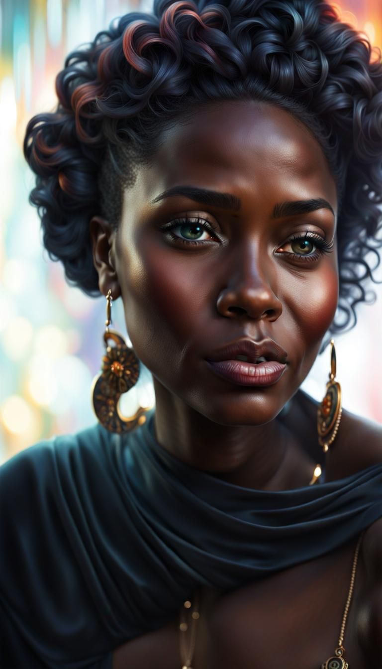 Gorgeous Black Woman in Black Dress, Hyperrealistic