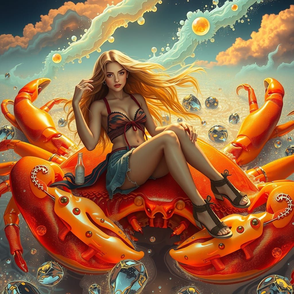 Woman on Gummy Crab in Soda Sea: A Neon Dreamscape
