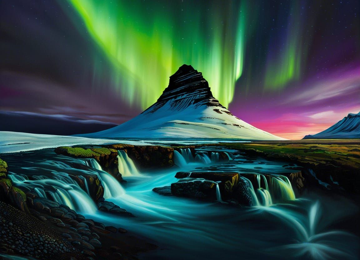Kirkjufell Iceland Aurora Borealis Painting