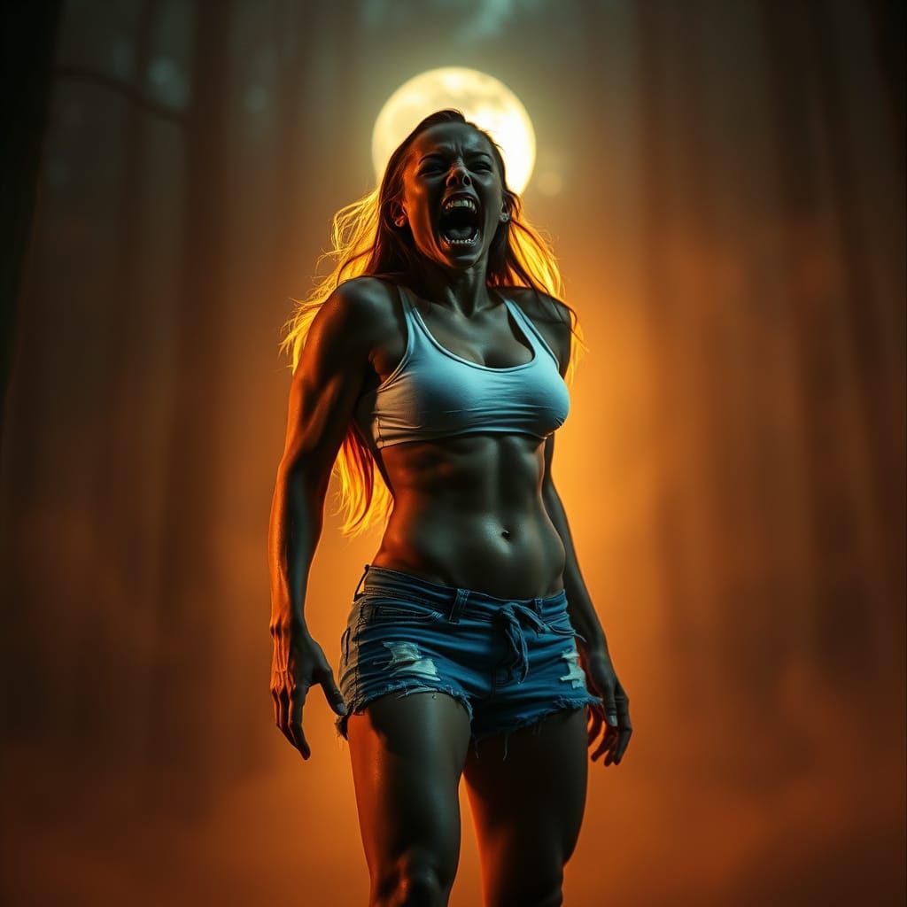 Moonlit Werewolf Transformation in a Misty Forest