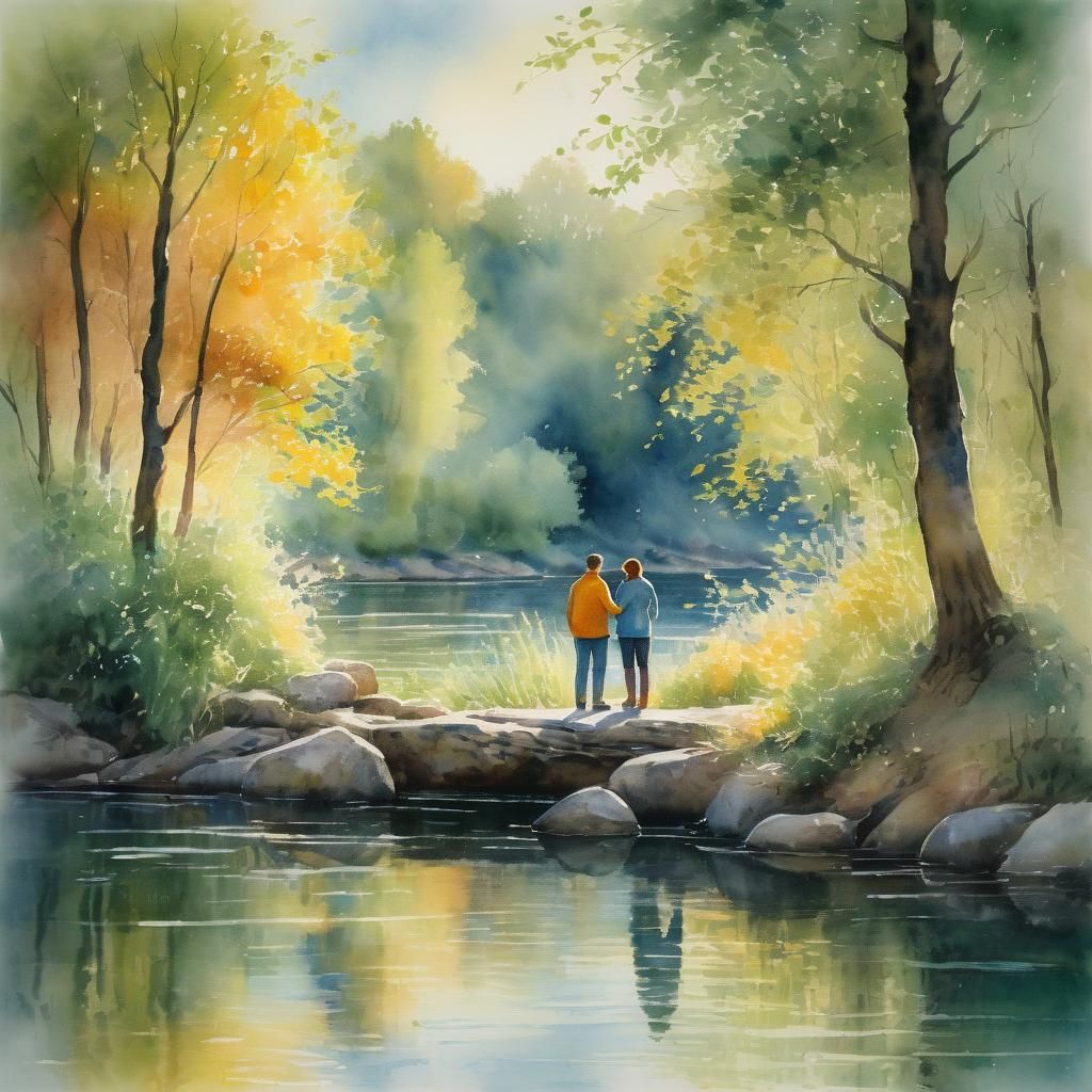 Romantic Riverside Couple in Watercolor Style