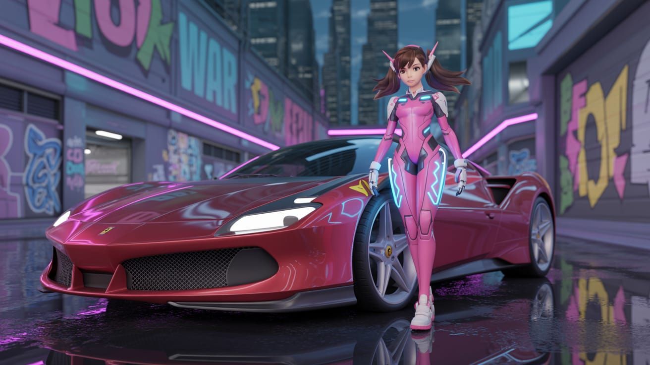 D.Va in Gotham City with Ferrari: 3D Anime Art