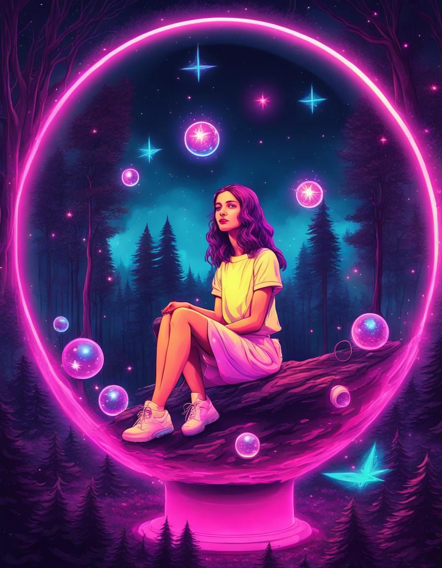 Girl, Crystal Ball, Parallel Universe, Synthwave Art