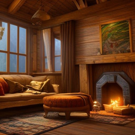 Cozy Cottage Interior with Fireplace: Fantasy Concept Art