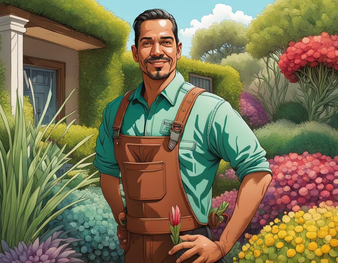 Latino Gardener in Pointillist Garden: Dieselpunk Art
