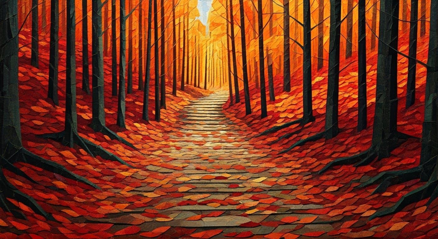 Autumn Forest Path in Paper Collage Art