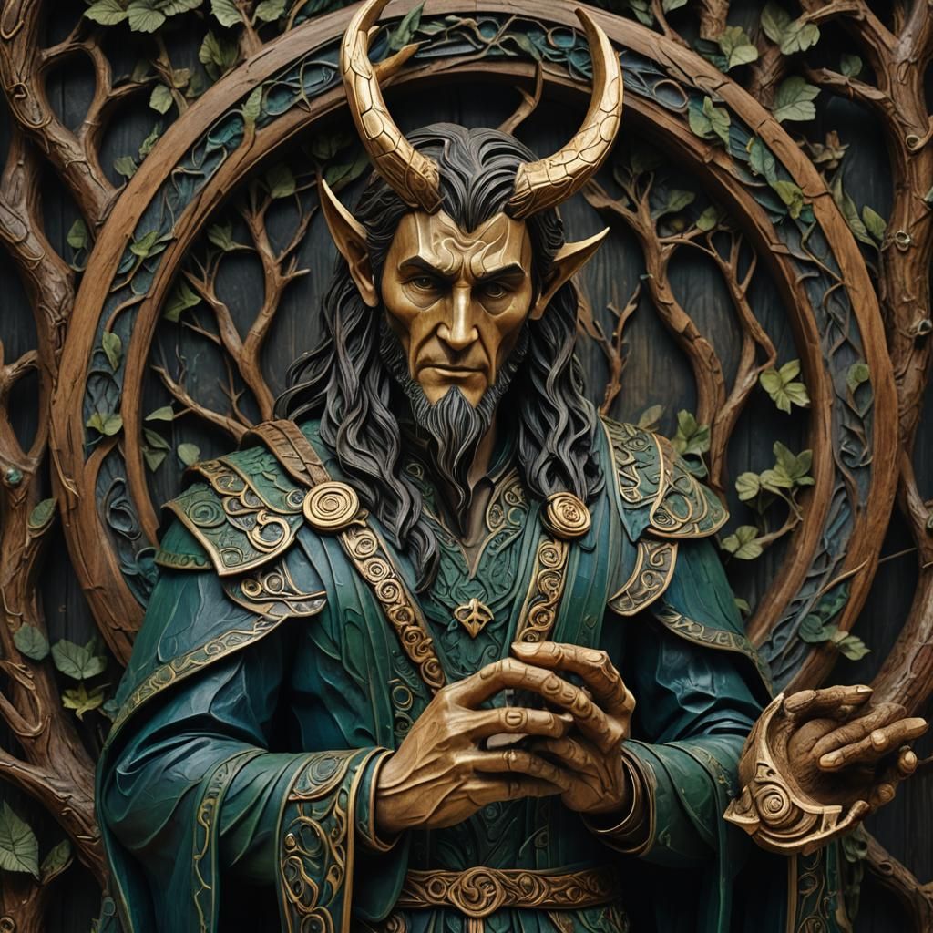 Loki Sculpture in Eerie Forest, Nordic Folk Art