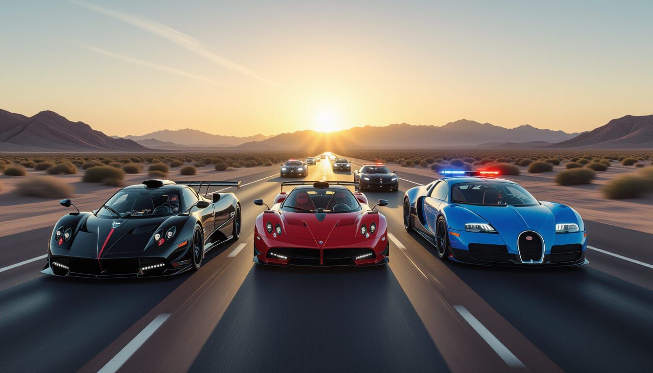 Supercar Chase in Desert Dusk Charcoal Drawing