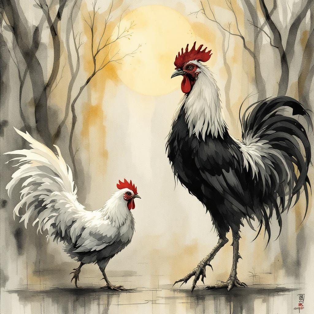 Rooster and Hen in Art Nouveau Sumi-e Style