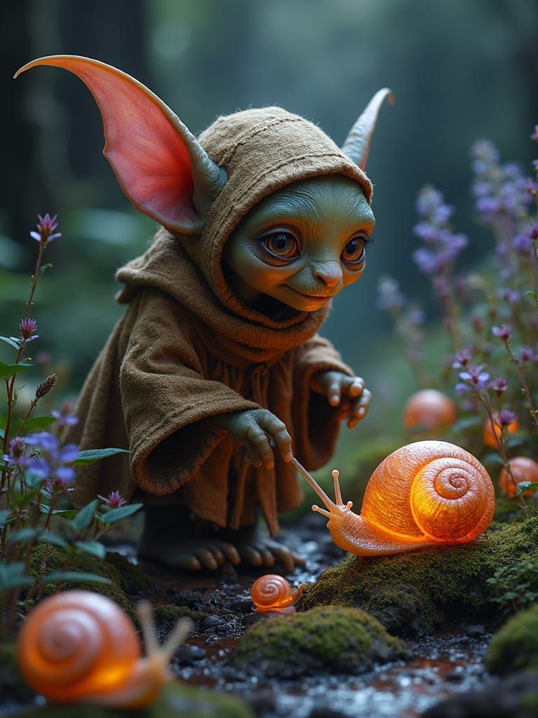 Goblin Tends Luminous Garden in Fantasy Matte Painting