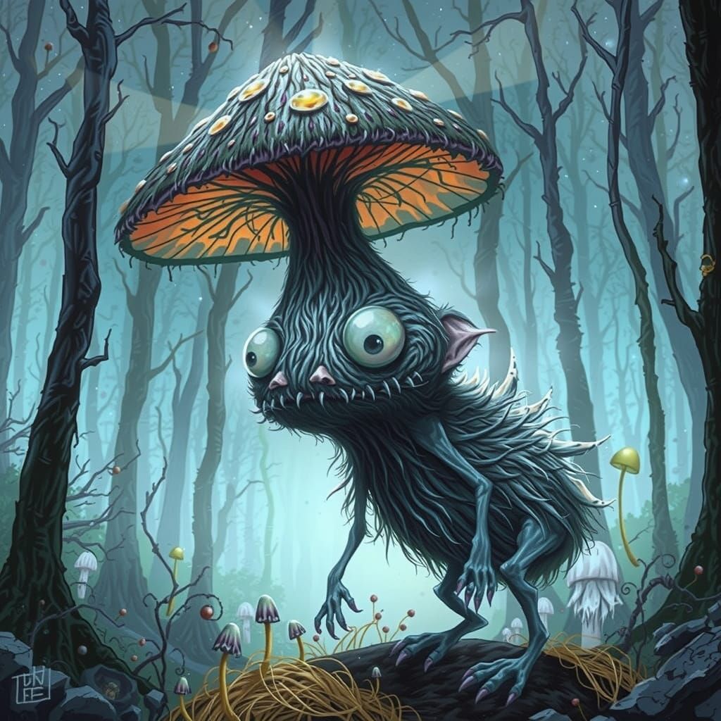 Mystical Moonlit Creature in Dark, Misty Forest