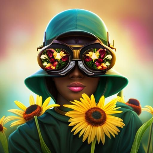 Cyberpunk Bee Among Flowers in Bright Colors