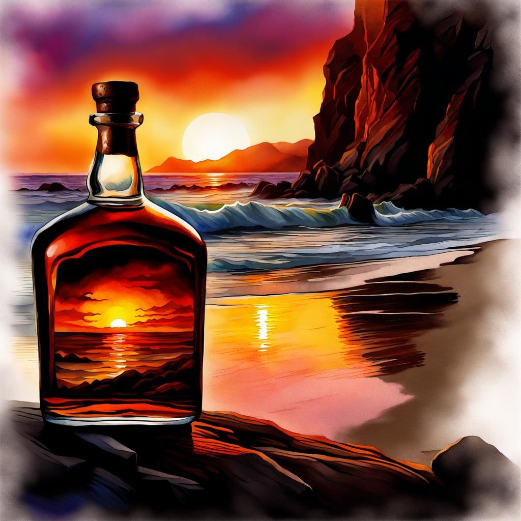 Epic Beach Scene with Rum in Watercolor Style
