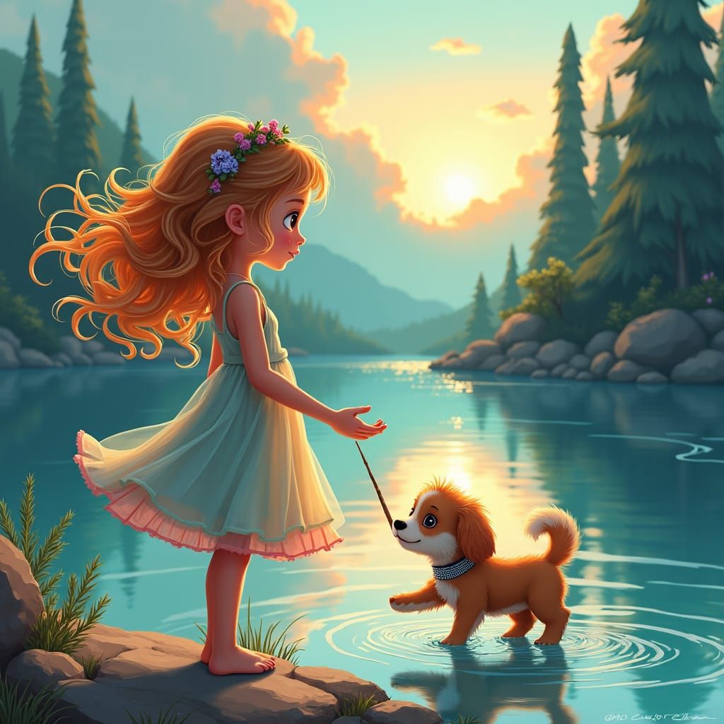 Girl and Puppy at River's Edge in Whimsical Illustration
