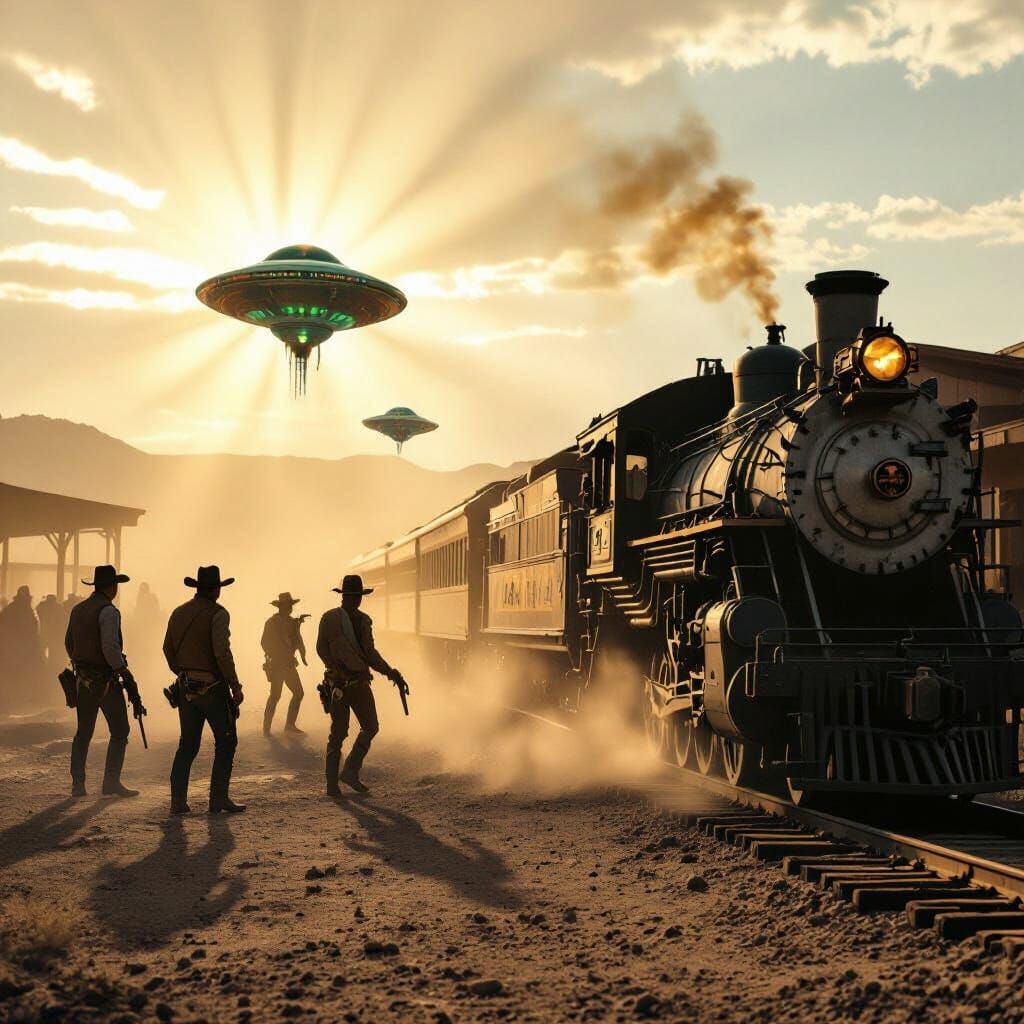Alien Wild West Train Robbery in Cinematic Style