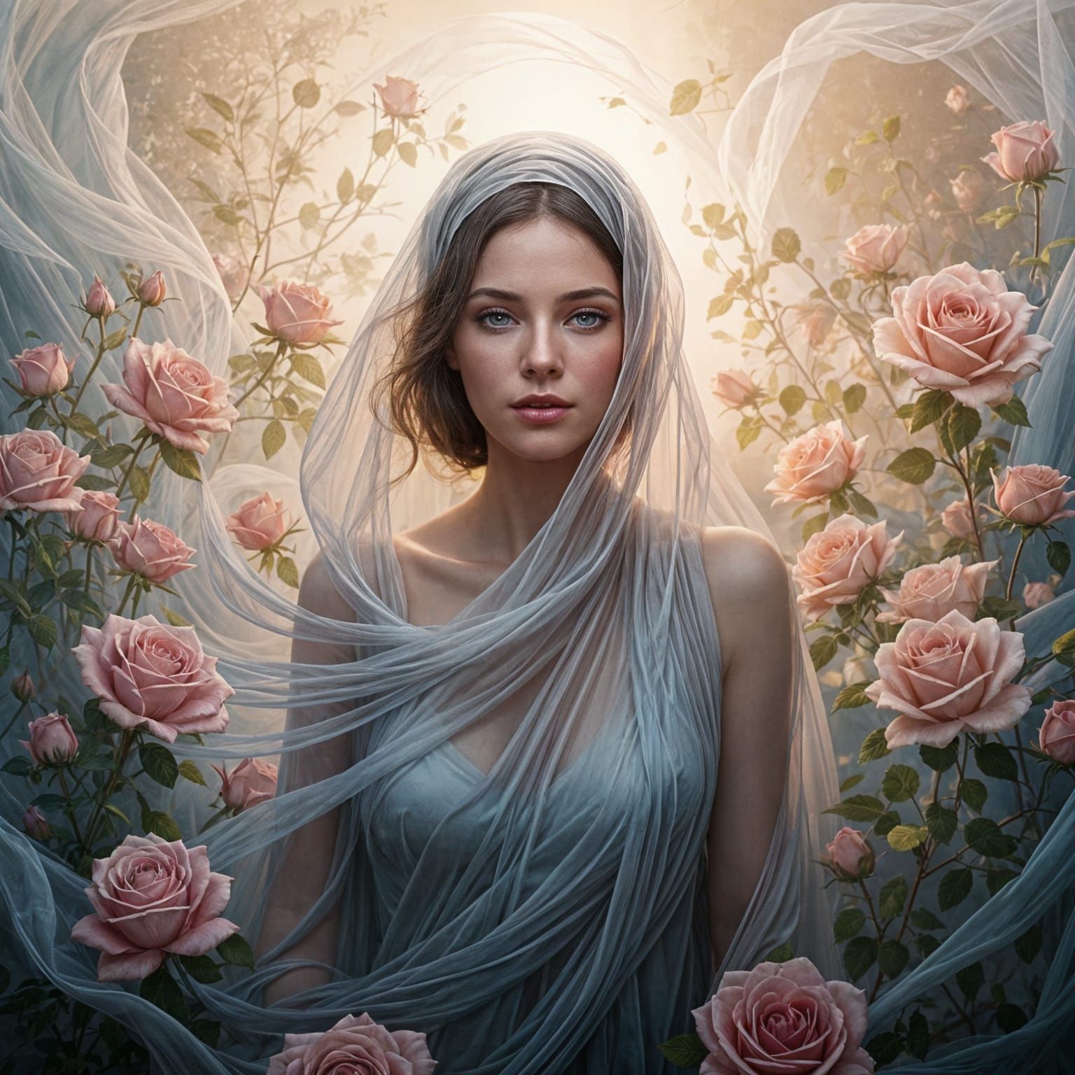 Surreal Abstract Painting of Veiled Woman with Roses