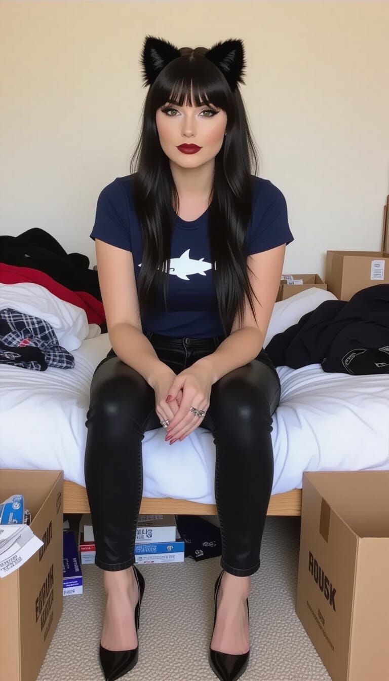 Woman with Black Hair and Cat Ears Posing in Messy Room