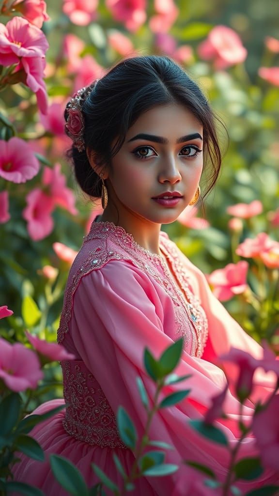 Iranian Girl in Pink Garden, Digital Art