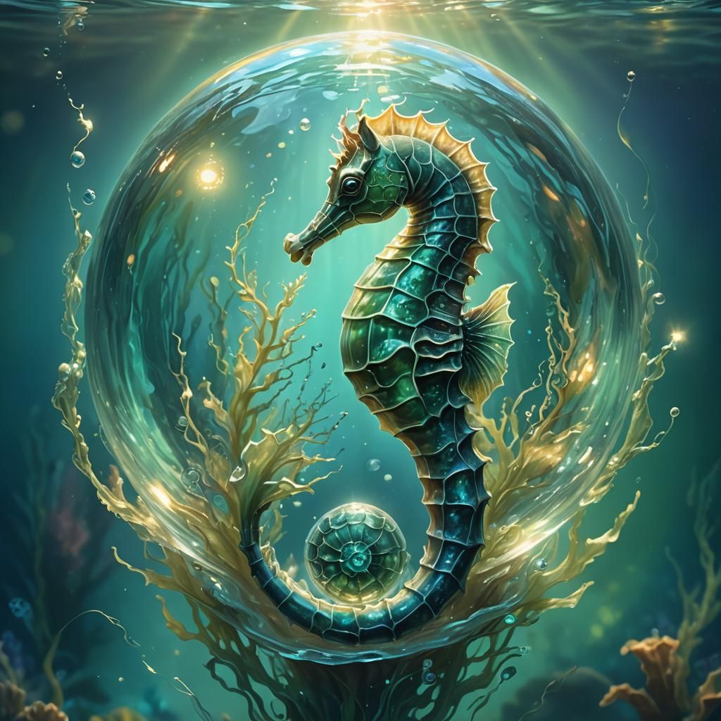 Seahorse in Glowing Orb: Underwater Fantasy Art