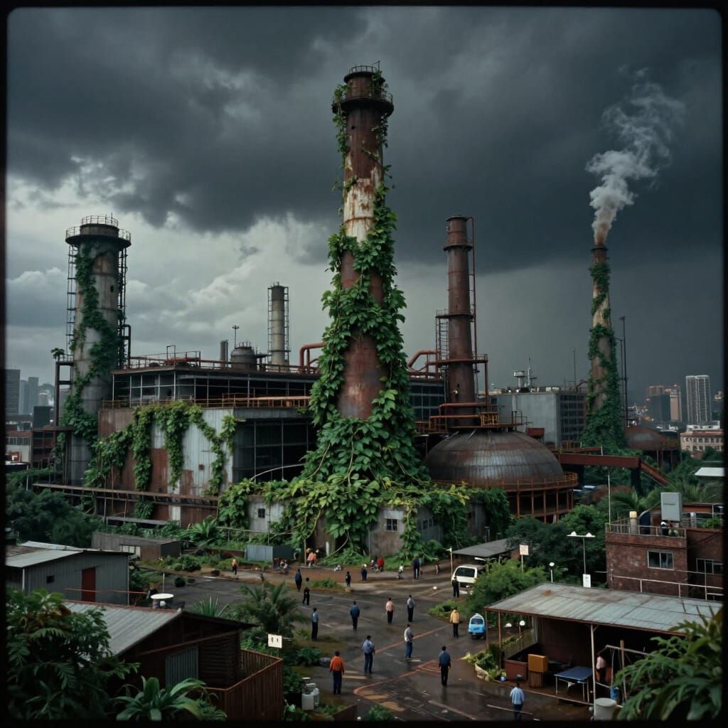 Dystopian Cityscape: Factories Overtake Urban Sprawl