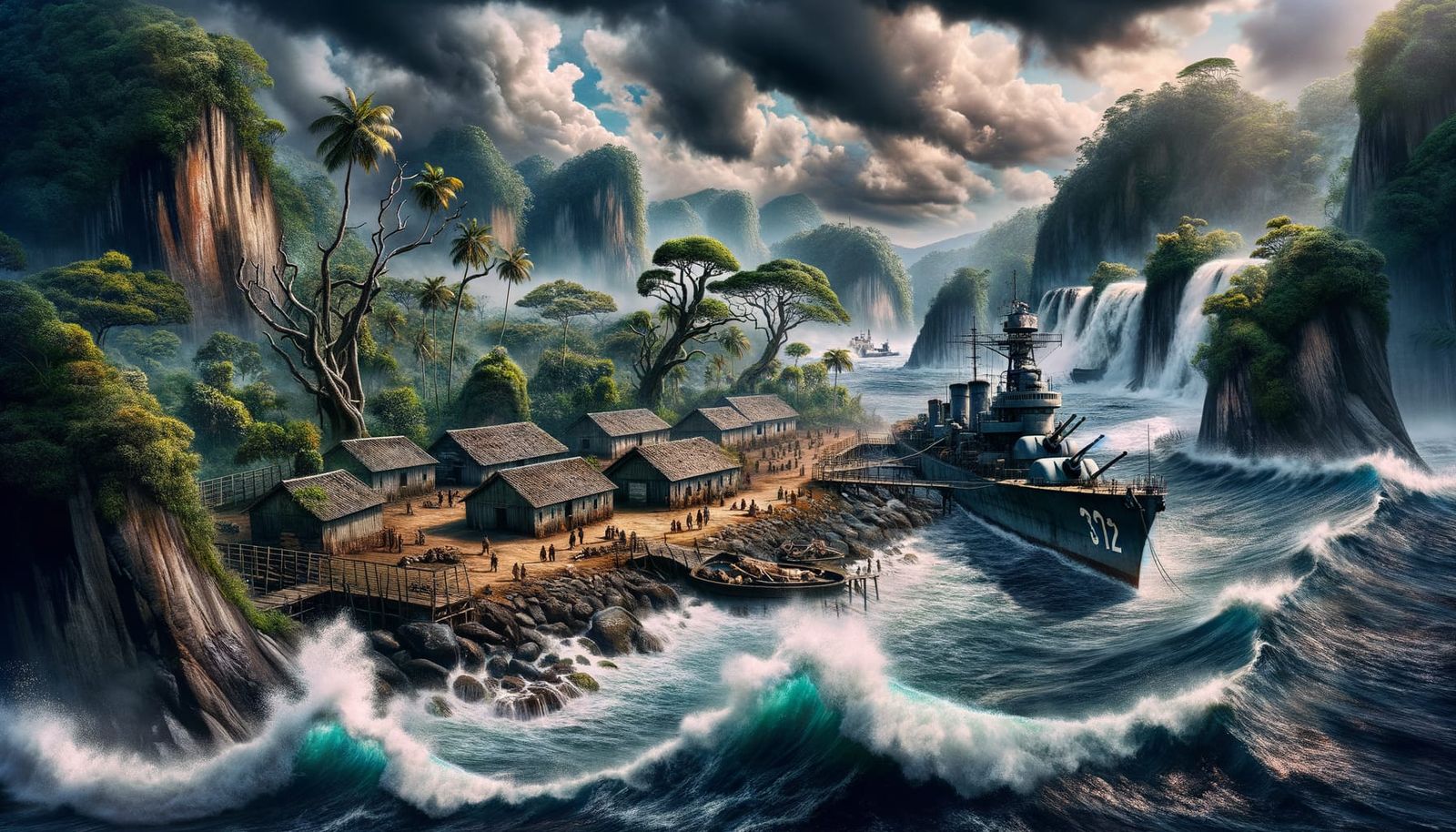 WWII Prison Camp on Jungle Island with Destroyer