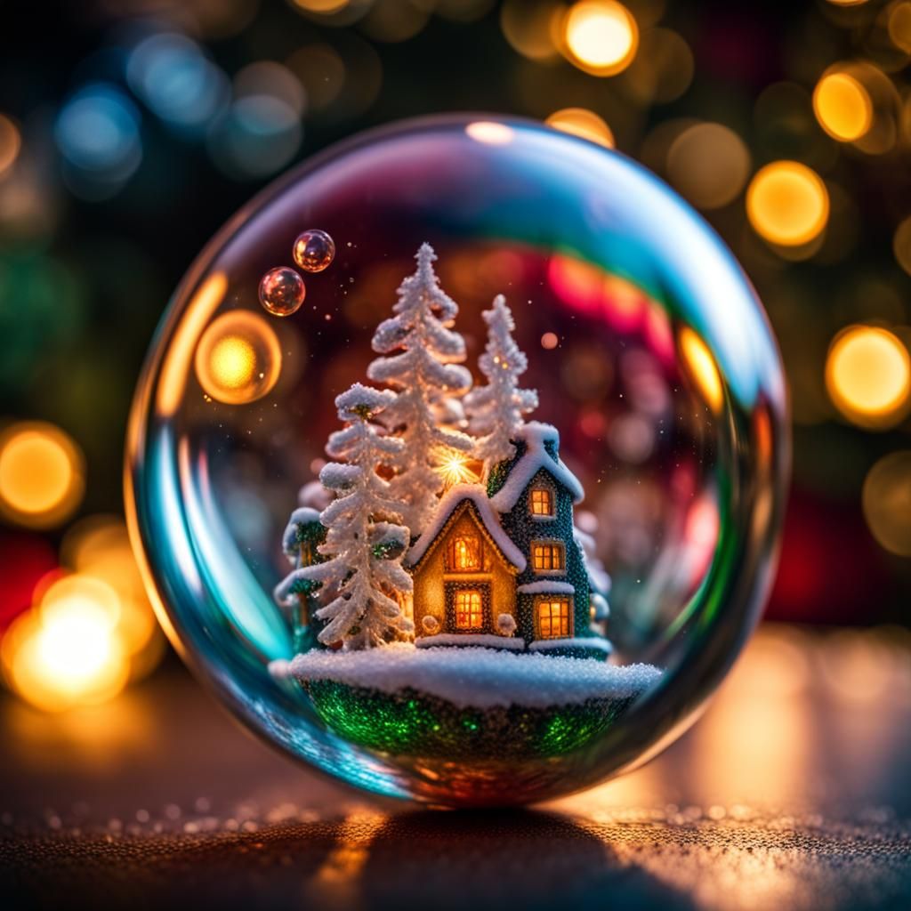Christmas Scene Reflected in a Soap Bubble