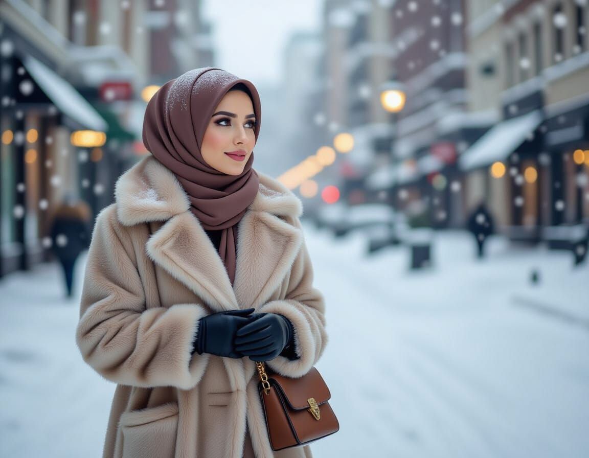 Elegant Hijabi Woman in Snowy Cityscape