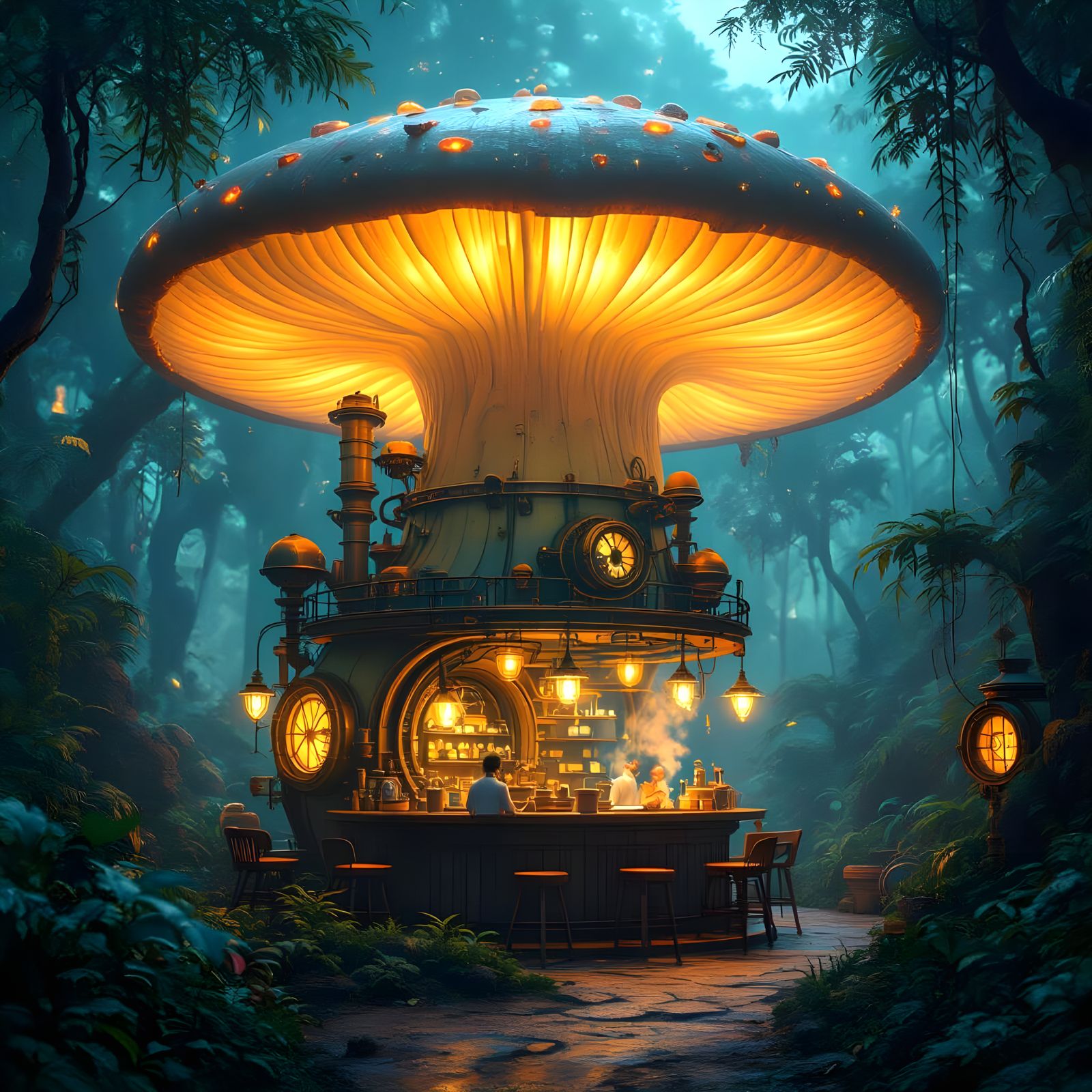 Steampunk Cafe Under Bioluminescent Mushroom in Alien Jungle