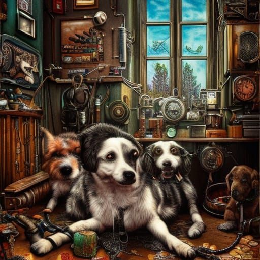 Dark Fantasy Dog Gathering with Steampunk Engine