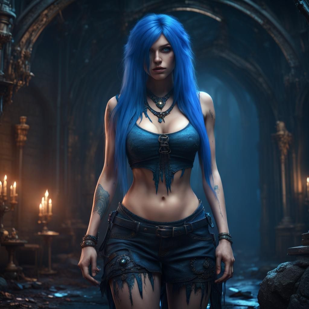 Blue-Haired Emo Girl in Dark Fairytale, Detailed Digital Art