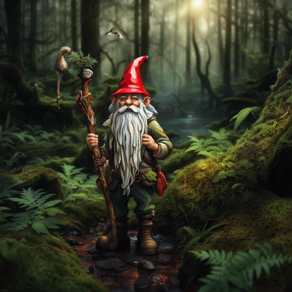 Gnome in Dark Fantasy Forest: Gouache Impression