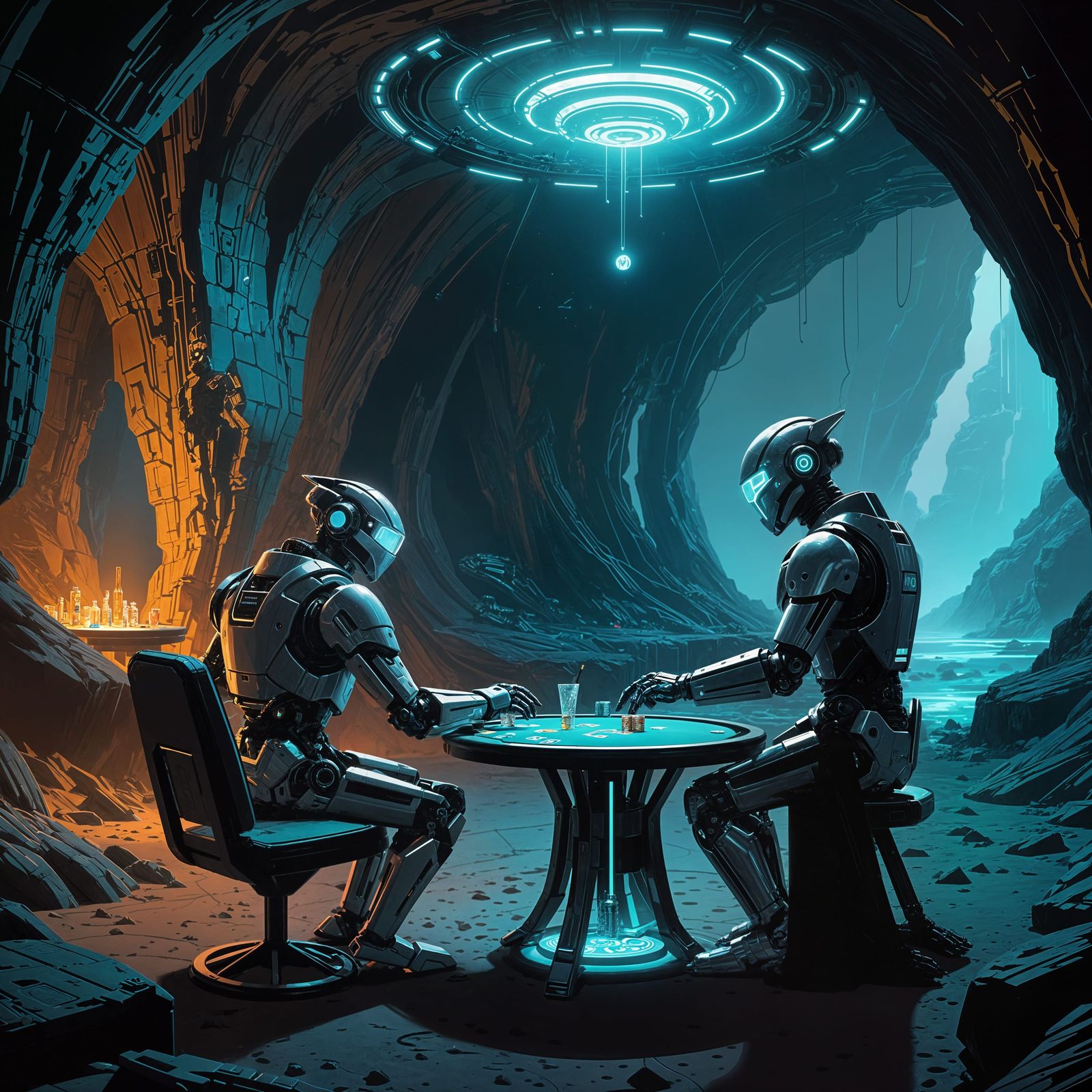 Robot Poker Game in Bioluminescent Cave