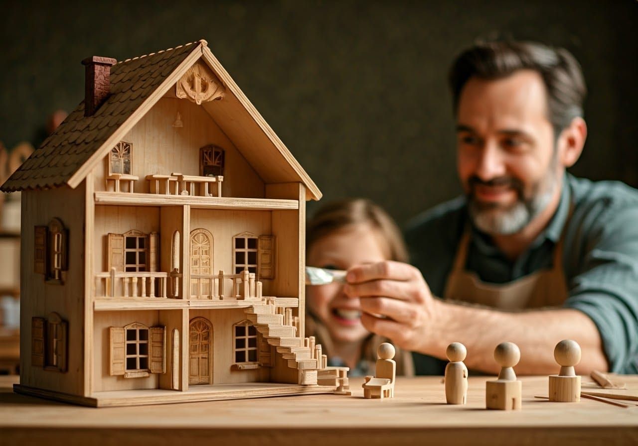 Handcrafted Wooden Dollhouse Scene in Folk Art Style