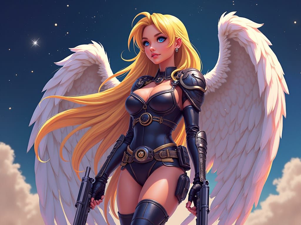 Anime Doll in Cyberpunk Sheriff Attire with Majestic Wings