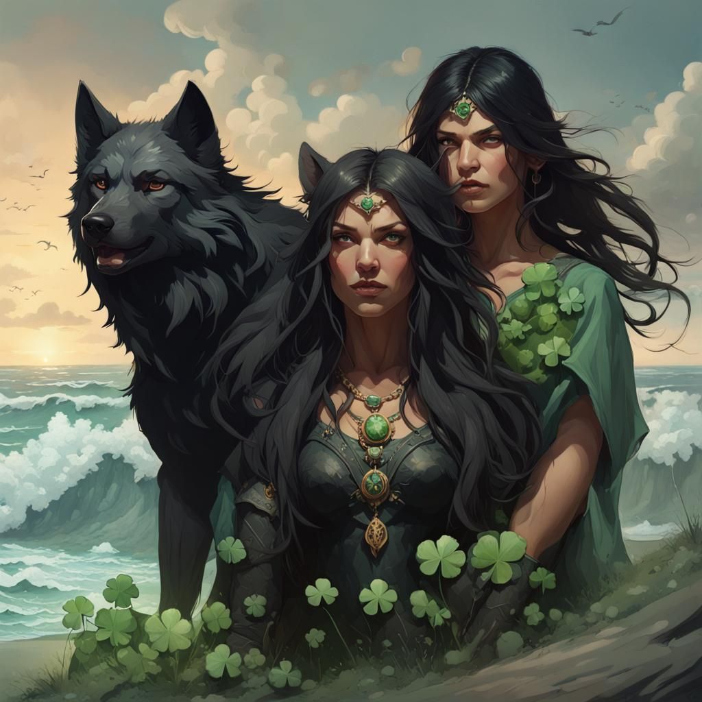 Wolves, Woman, and Stormy Beach: Hyperdetailed Concept Art