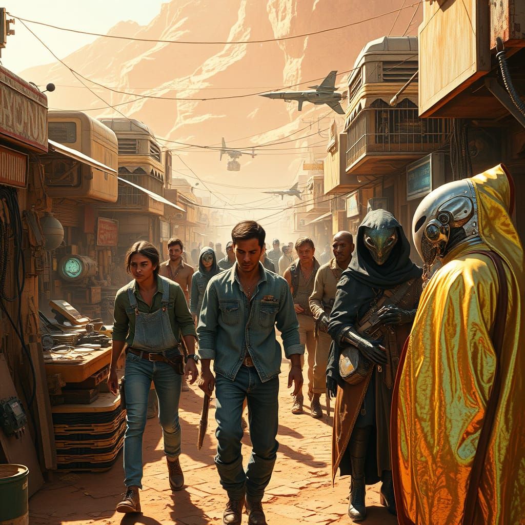 Martian Marketplace with Alien Traders, Photorealistic Digit...