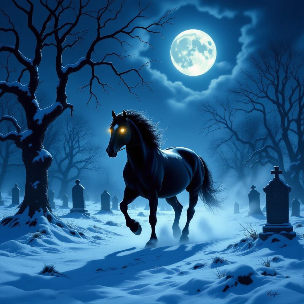 Spectral Horse Gallops Through Moonlit Graveyard