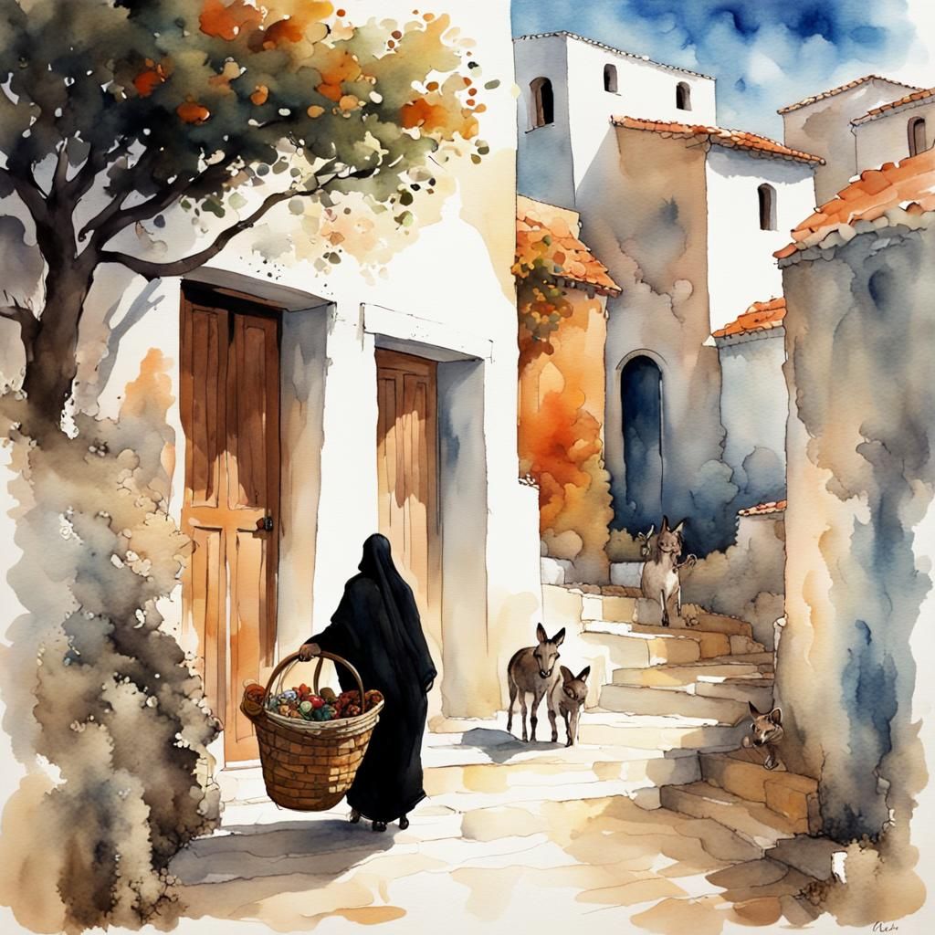 Greek Village Church in Watercolor Painting Style