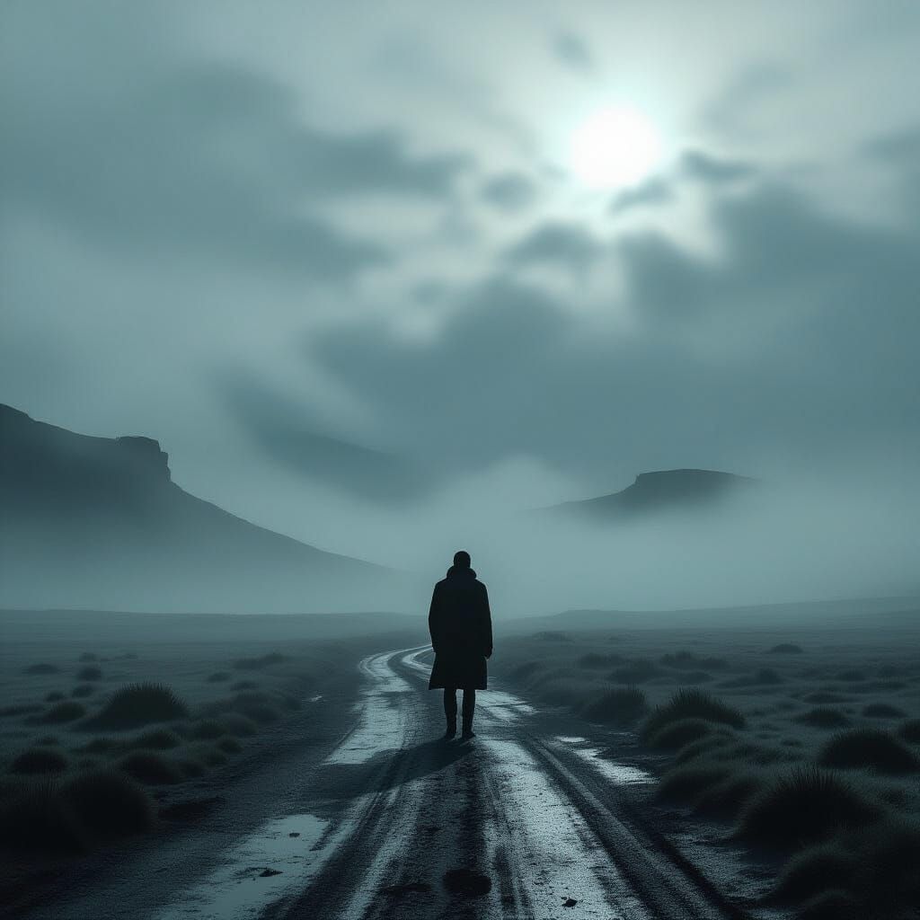Desolate Figure in Atmospheric Landscape