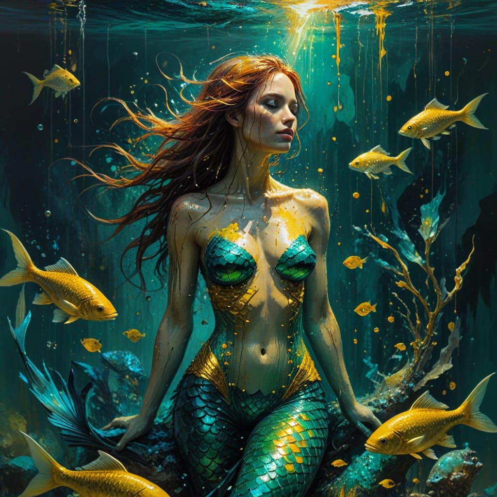 Mermaid Surrounded by Fish in Oil Painting Style