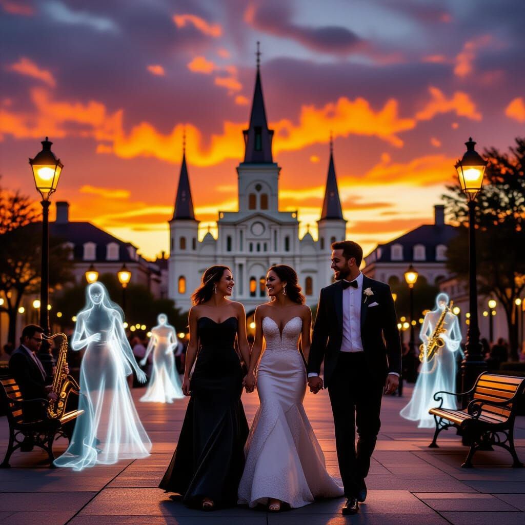 Couple Walks Through Jackson Square at Sunset in New Orleans