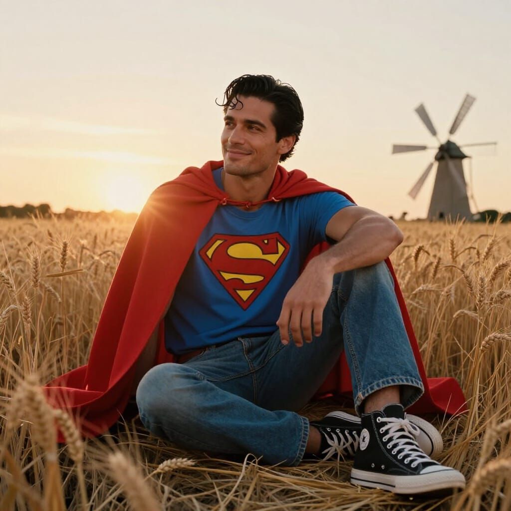 Superman Contemplating A Wonderful World in Wheat Field