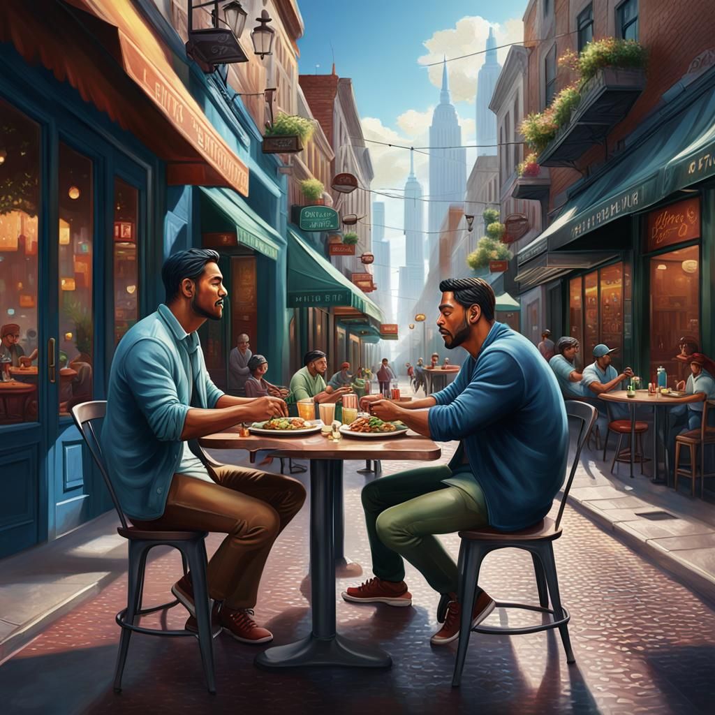 Latino Men at Cafe: Impressionistic Street Scene