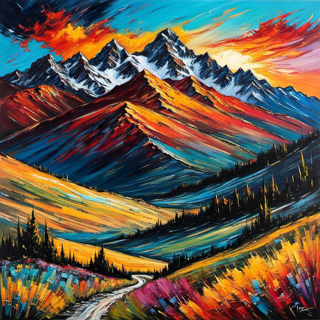 Dynamic Brushwork Mountainscape in Tachisme Style