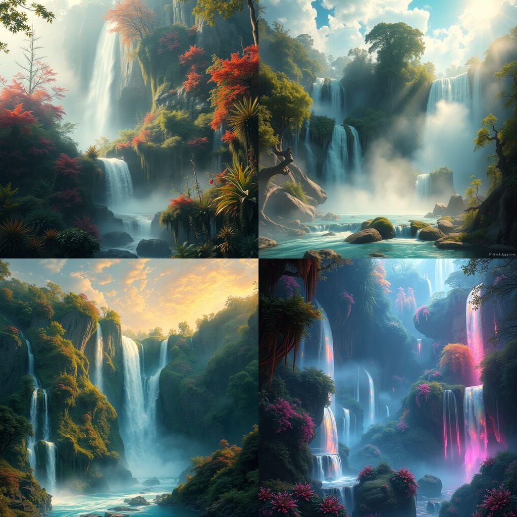 Dreamy Waterfalls in Vibrant Fantasy Landscape
