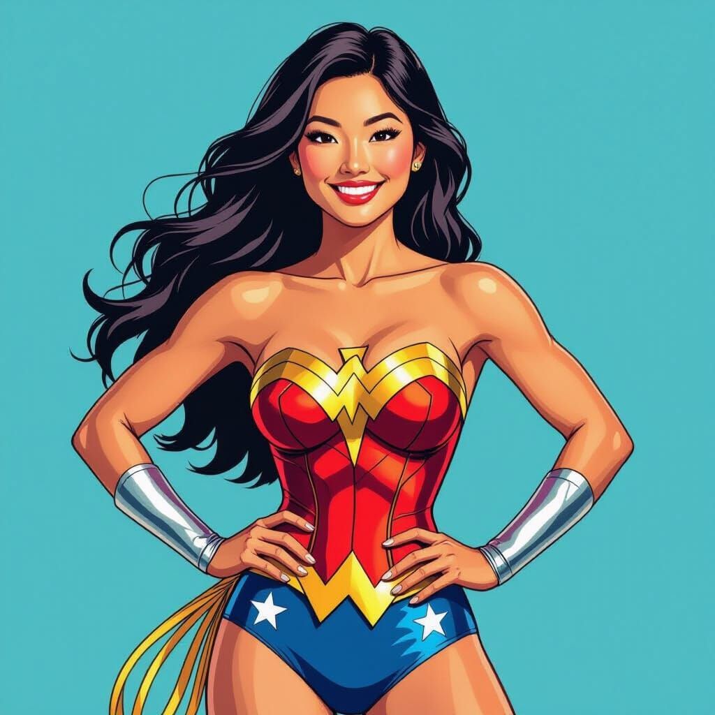 Asian Woman as Wonder Woman in Comic Book Style