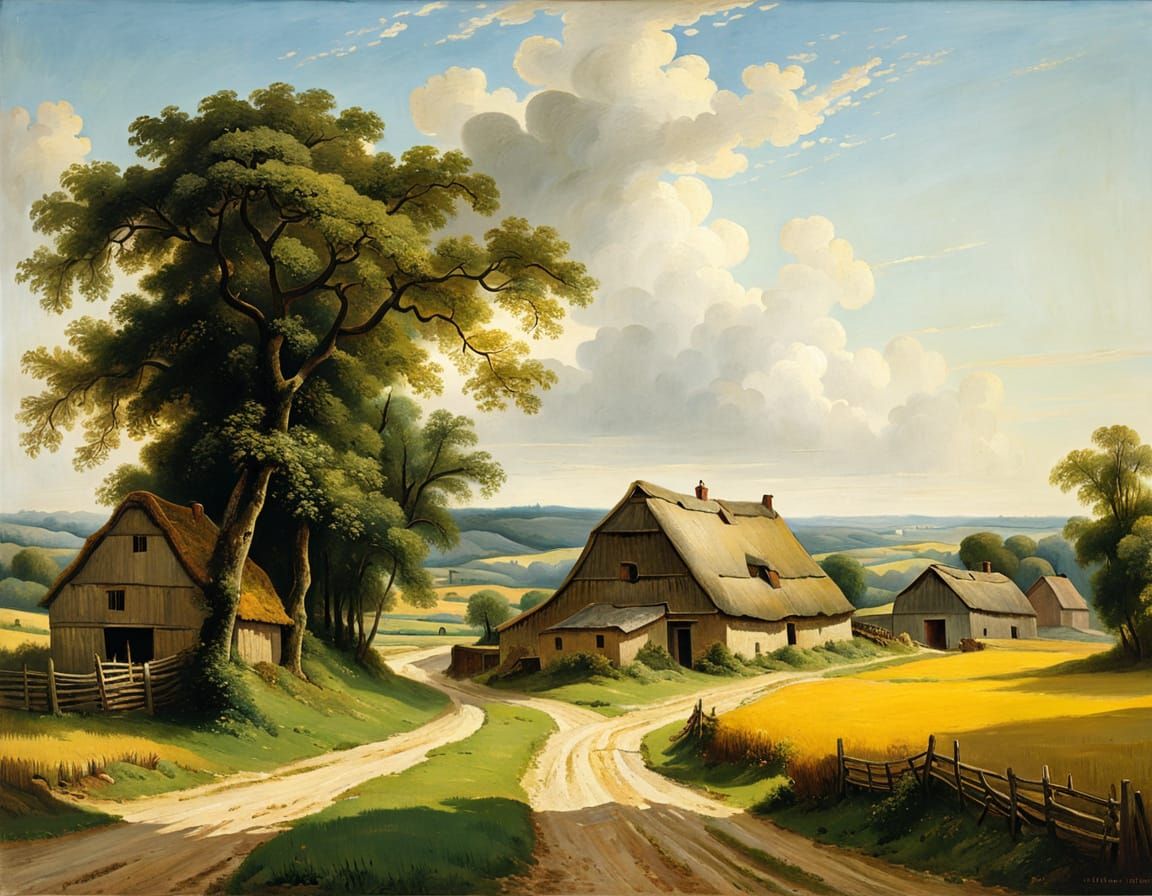 Rustic Countryside Scene with Thatched Roofs and Wooden Barn