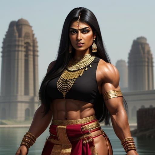 Hypermuscular Indian Woman with Flowing Hair