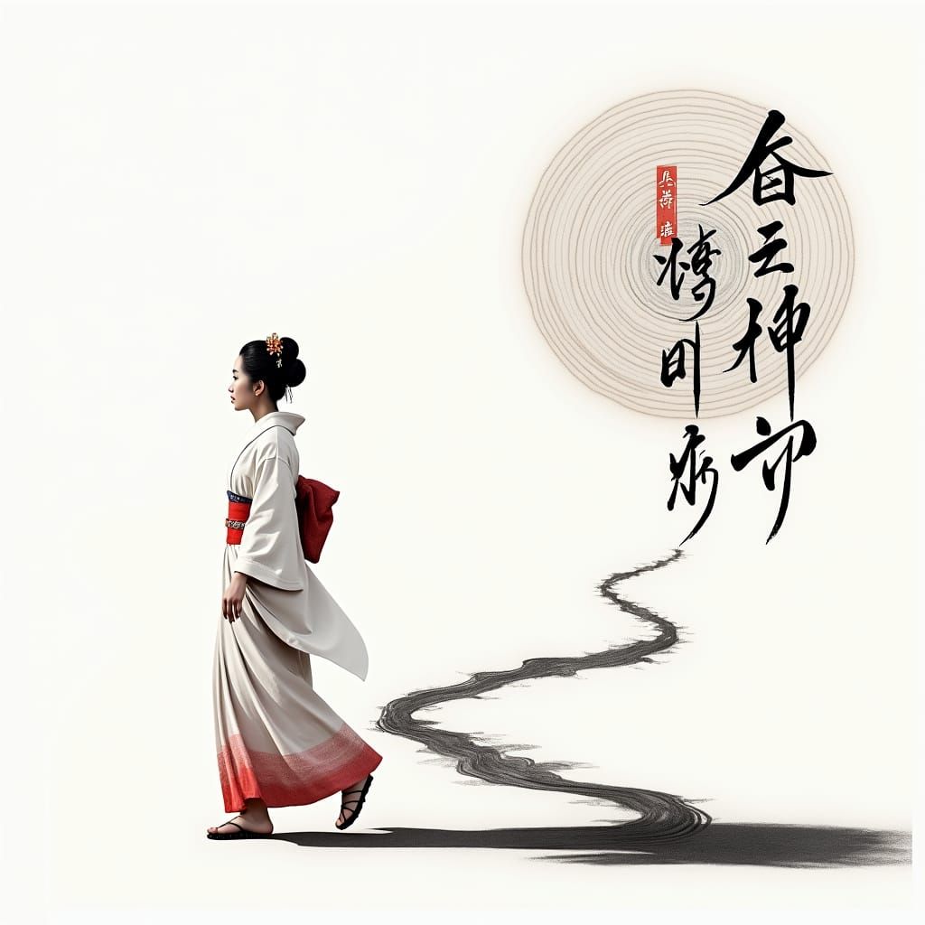 Zen Geisha Walks Path in Spirograph Art